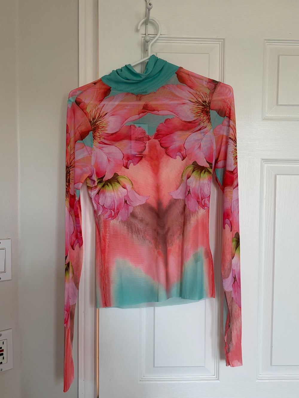 AFRM Floral High-Neck Long Sleeve Top in Coral & Teal